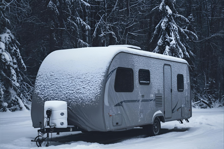 A travel trailer covered in snow
