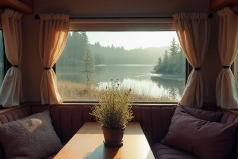 View of a serene lake as seen from inside a parked RV