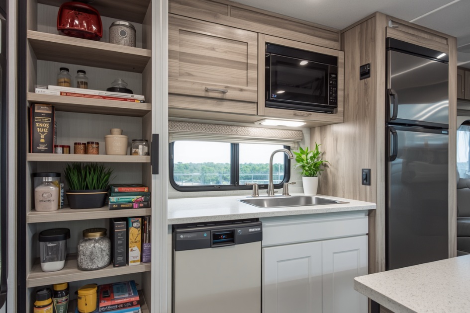 AI image of an RV kitchen utilizing vertical storage 