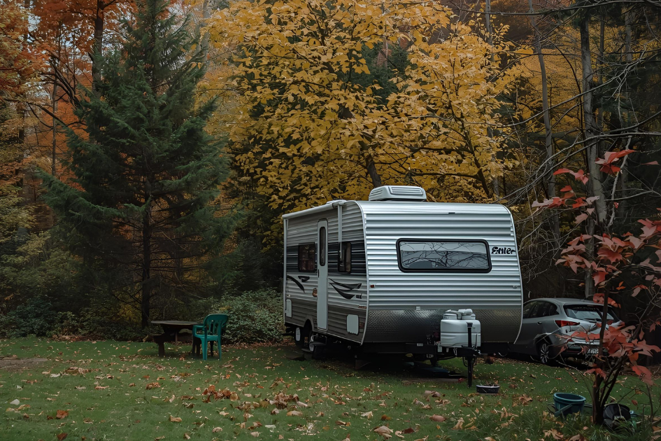 A travel trailer parked in a wooded area during fall.