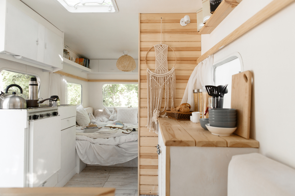 Travel trailer interior decor, light and airy