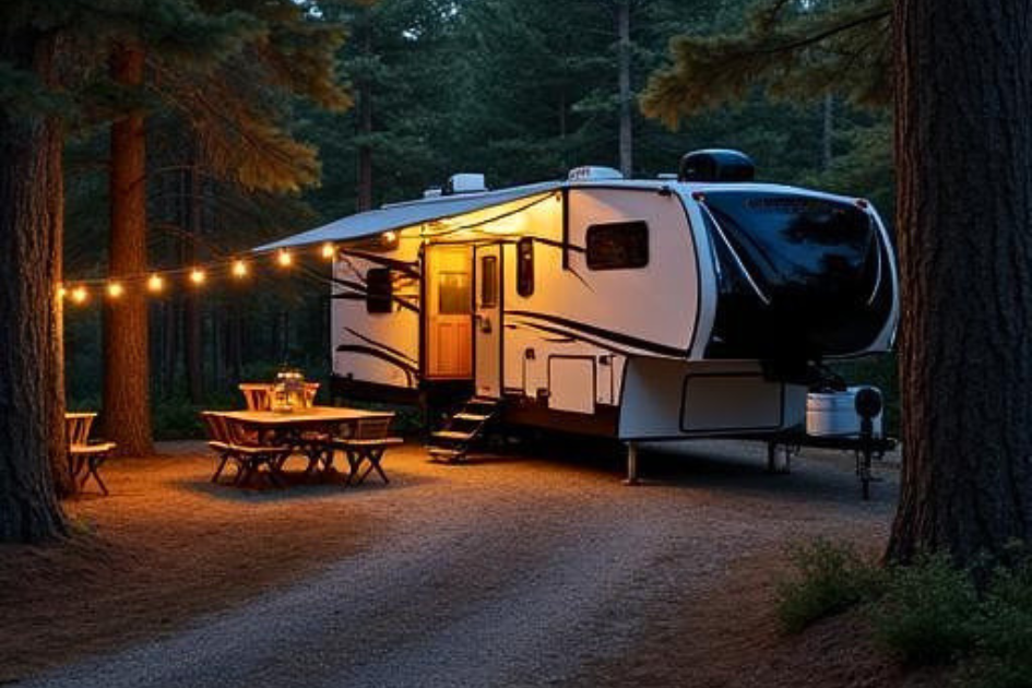 Fifth Wheel parked with an outdoor setup and twinkle lights overhead