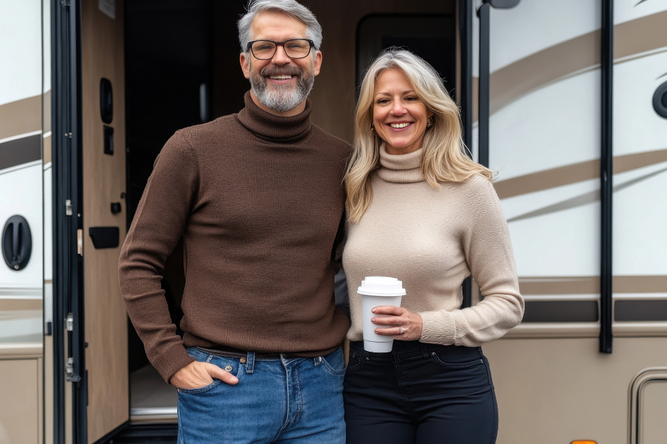 An older couple stands smiling in front of their new travel trailer