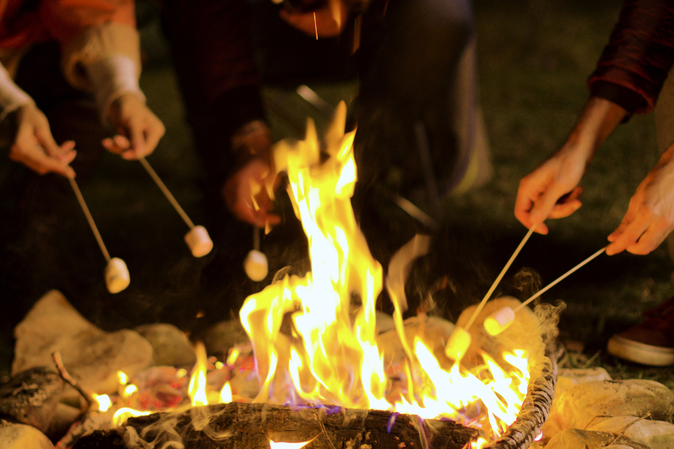campers sit around a campfire roasting marshmallows