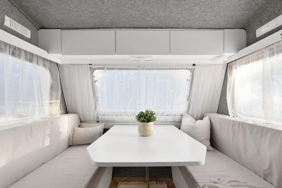 An RV interior with it's blinds closed to help beat the heat.