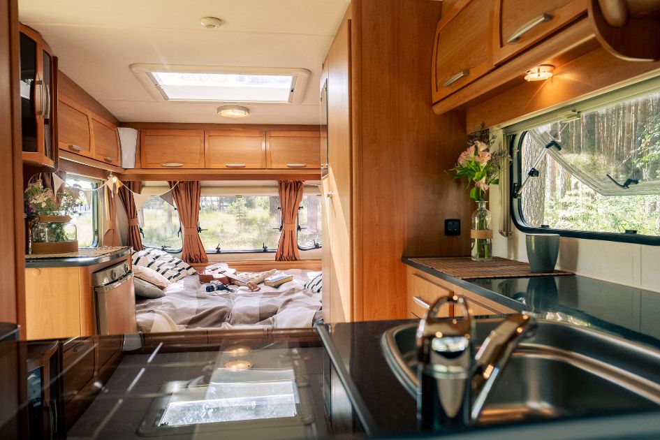 Warm RV interior with natural colours throughout