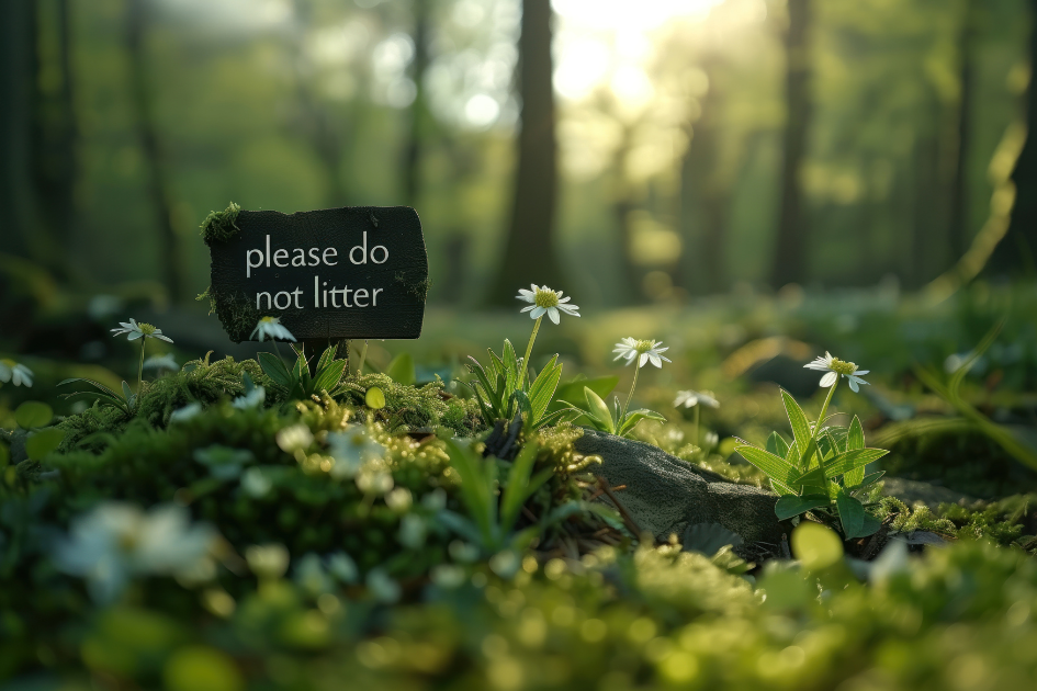 AI created image of a forest floor with a "please do not litter" sign settled amongst some small white flowers