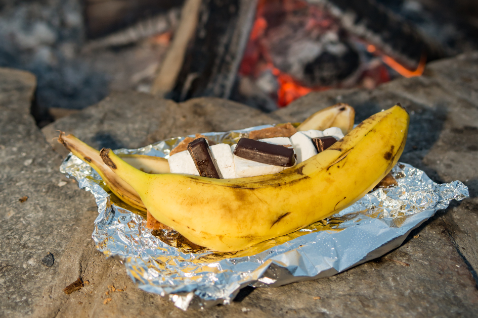 Banana boat s'mores around the campfire.