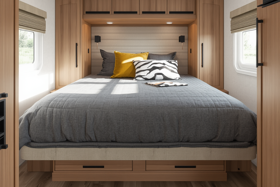 AI image of an RV bed with storage underneath 