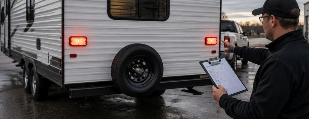 RV Tech performing a towing safety checklist before departure