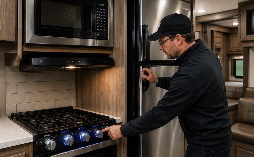 An RV Technician performing an appliance test