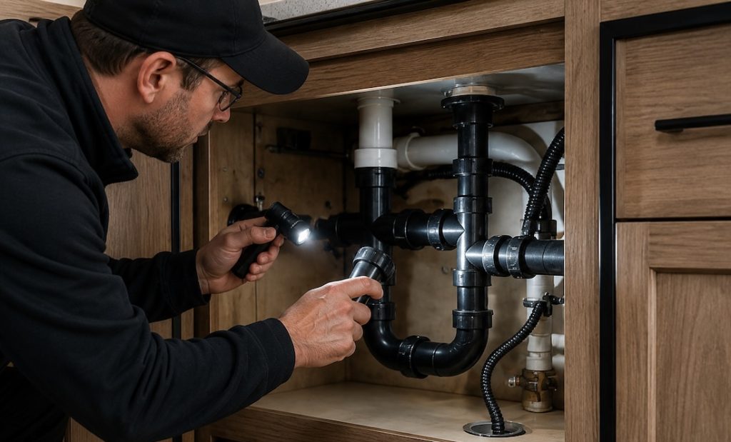 An RV Technician performing a plumbing inspection