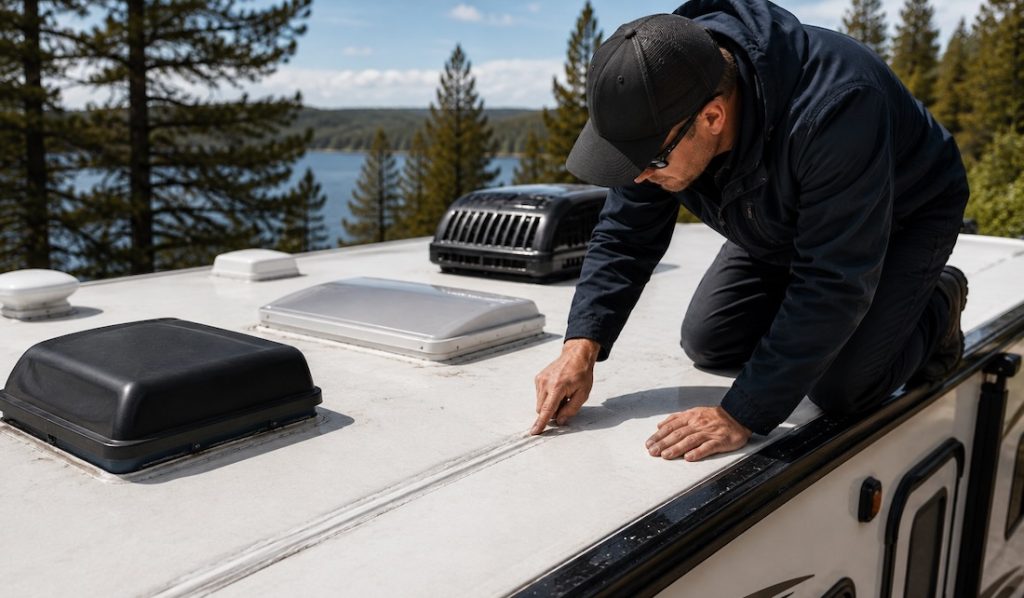 An RV technician performing a roof leak inspection